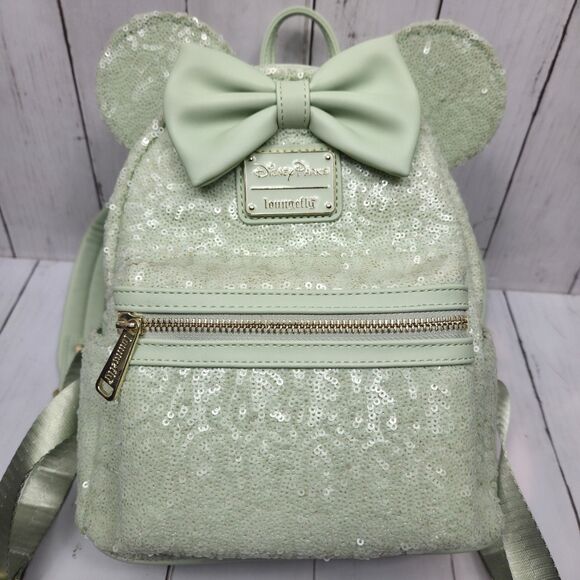 Disney Parks Loungefly Mint Green Sequin W Bow Mini Backpack Retired Rare Cute! - Picture 3 of 16